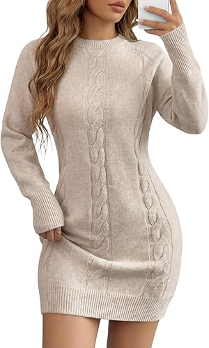 LYANER Women's Cable Knit Round Neck Long Sleeve Elegant Mini Pullover Sweater D
