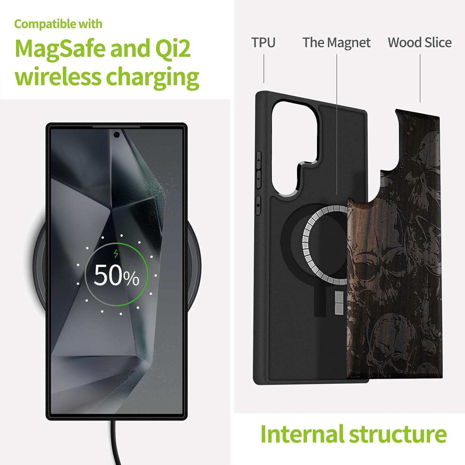 Carveit Magnetic Wooden Case for Samsung Galaxy S25 Ultra Case 2025, TPU Shockproof Cover & Wood Artisan Engraved, Compatible with MagSafe Wireless Chargers (Grunge Style Skull Pattern) Blackwood