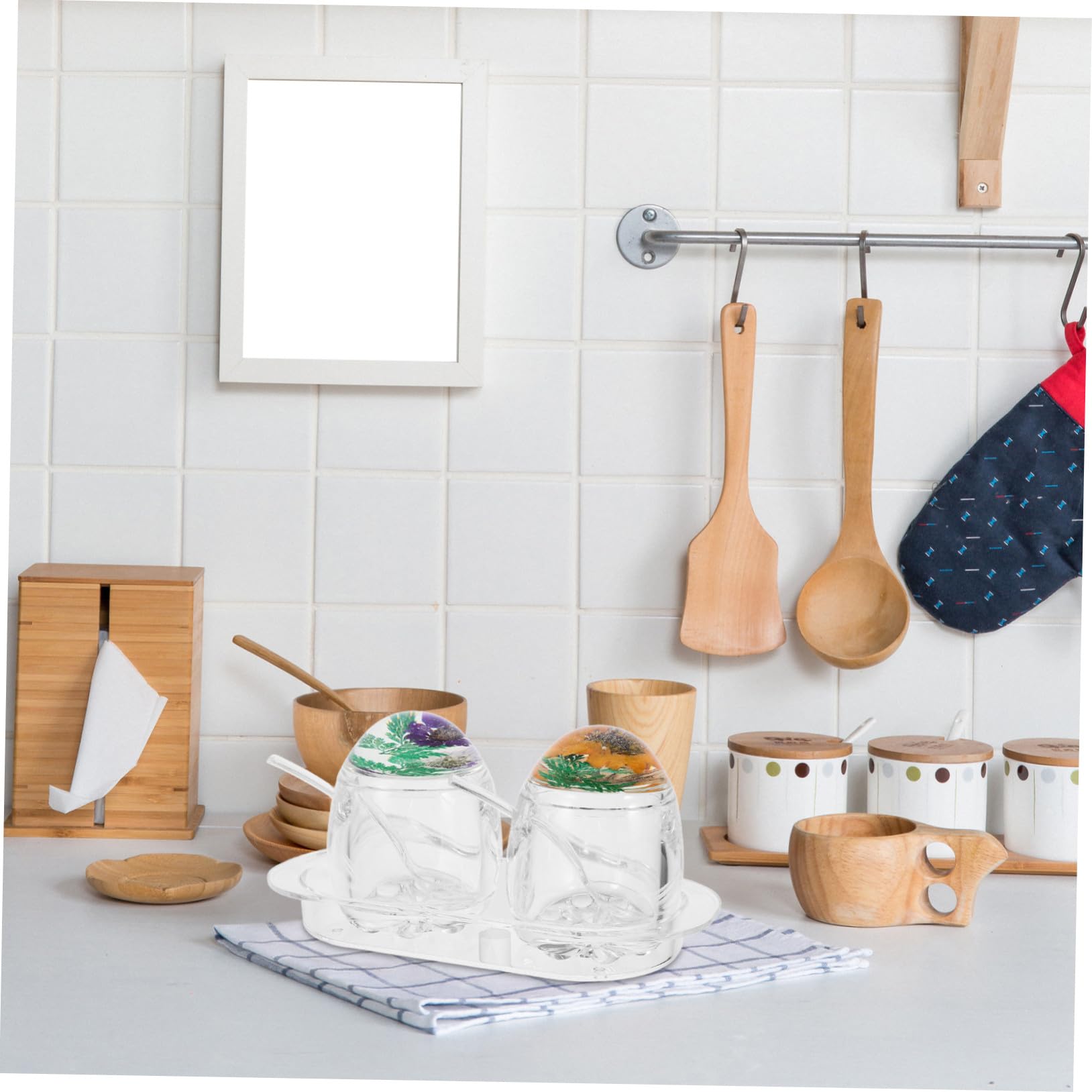 Contenitori Condimenti Trasparenti in Acrilico con Fiori Secchi Incapsulati Vasetti Spezie Sicuri per Cucina con Vassoio Rimovibile e Decorativo