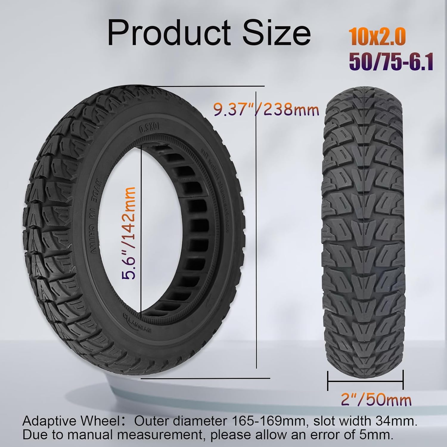 2PCS 10X2 Solid Tire, 10x2.125 Inch Tires Replacement for Gotrax G4 GXL V2 Ninebot Segway F25 F30 F40 F60 D40x Electric Scooter, 50/75-6.1 10x2/54-152 10 Inch Off Road Front Rear Tubeless Tire Wheel