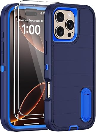 for iPhone 16 Pro Case with Screen Protector,Built-in Invisible Kickstand,Heavy Duty Shockproof Drop Protection Military Grade Tri-Layer Rugged Durable Cell Phone Cover for Apple 16 Pro 6.3" Blue