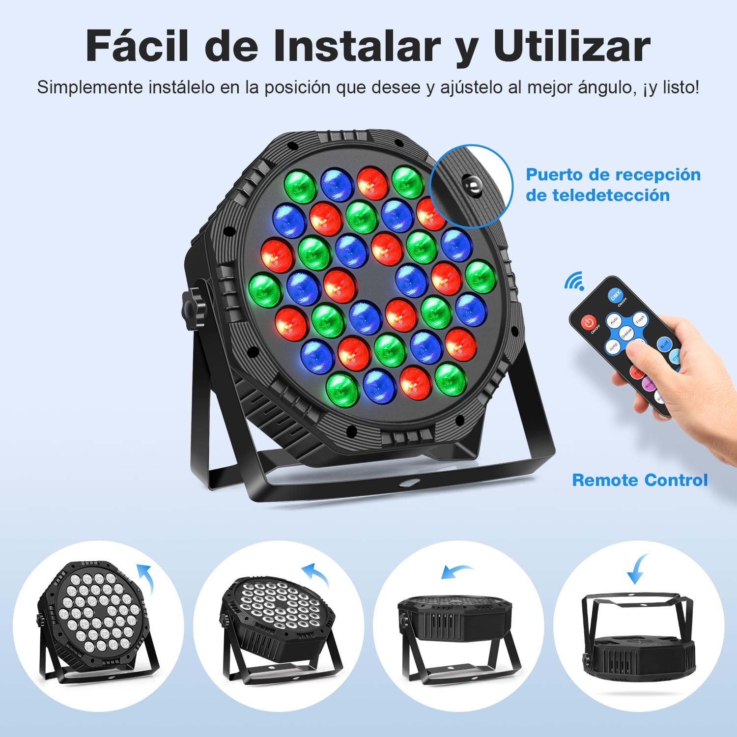 Focos Par LED RGB Luz Colorida con Control DMX y Mando, Luces de Discoteca, DJ, Fiesta, Conciertos y Celebraciones, 2 Pcs
