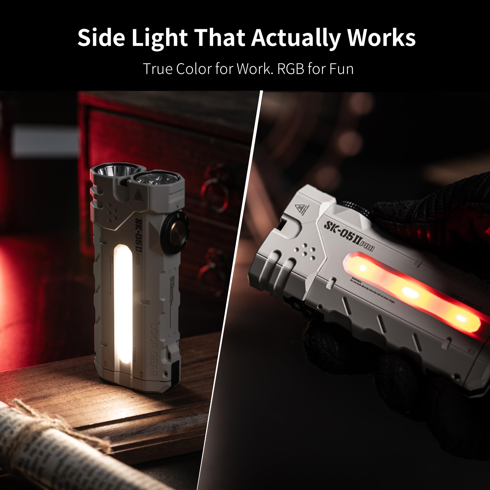 LOOP GEAR SK05 Pro 2 Mao Flat EDC Flashlight, 5000LM Rechargeable LED Flash Light with Spotlight & Floodlight, High-CRI Sidelight + RGB, Dual 4000mAh Replaceable Batteries, IP68 & Magnetic (White) - 3