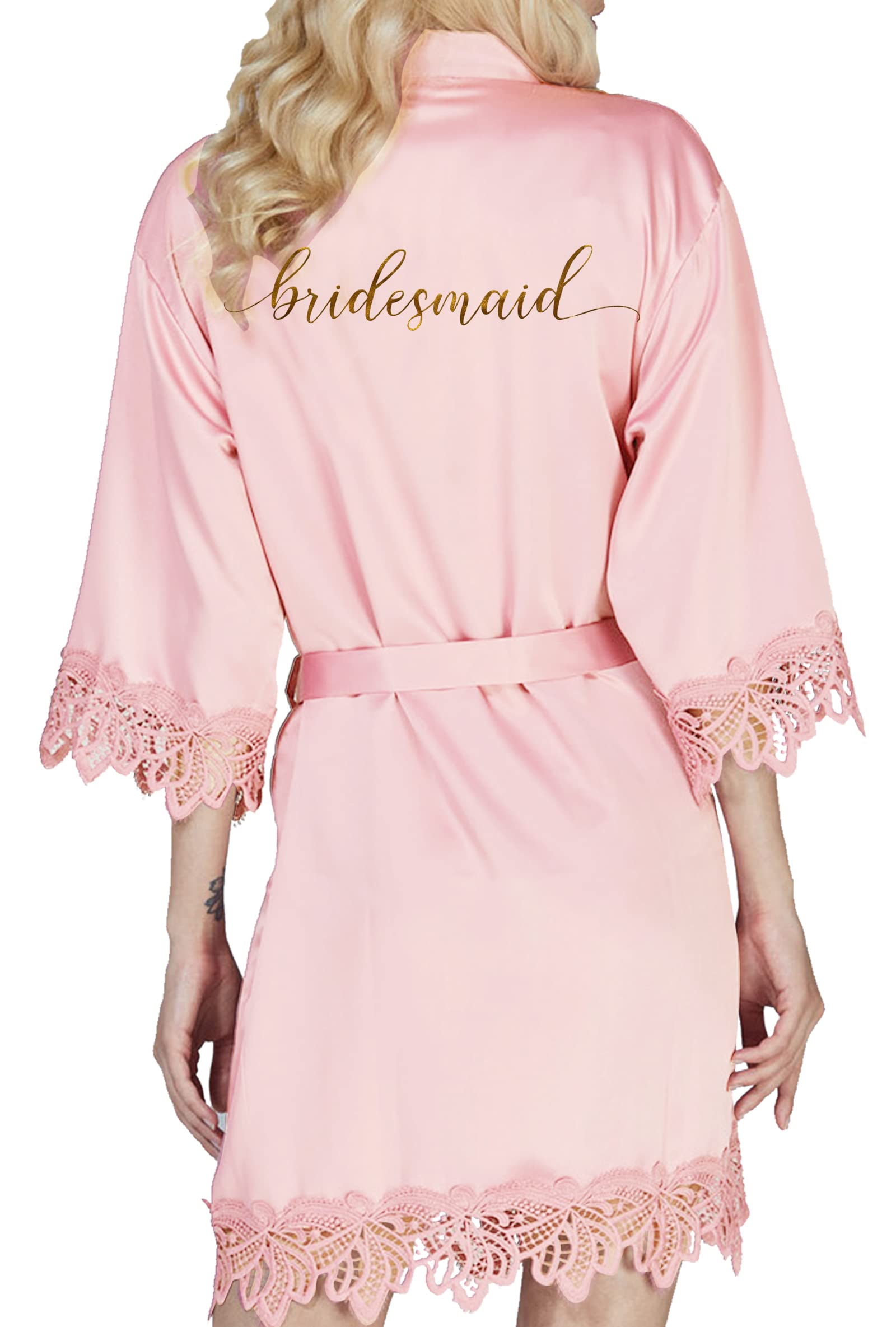 Y Wjing Yi Jia Women's Pale Rose-B Bride Robe - Satin Bridal Kimono Robes - Silk Lace Trim Dressing Gown - Monograms