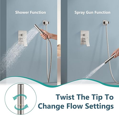 Miniatura 3 de Aolemi Sistema de ducha de lluvia de níquel cepillado de 10 pulgadas, juego de cabezal de ducha cuadrado de montaje en techo con rociador de mano 2