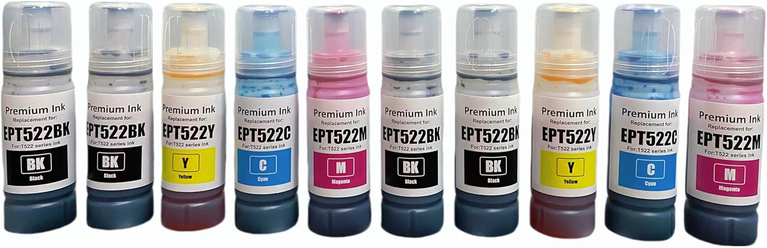 522 Ink Refill Bottles Compatible for 522 Refill Ink Bottle (Not Sublimation Ink) Use for EcoTank ET-2803 ET-2800 ET-2720 ET-4800 Printer 10 Pack (4BK 2C 2M 2Y)