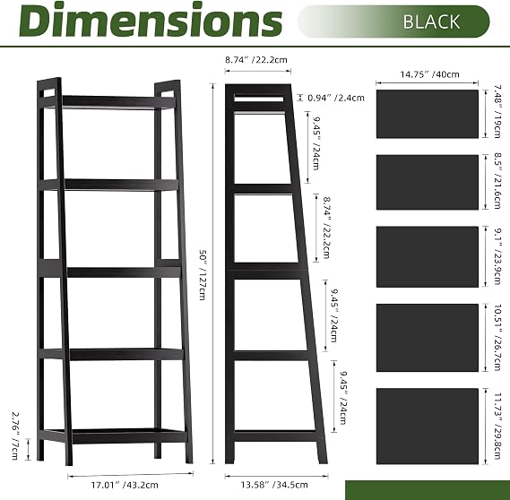 Bookshelf, 5 Tier Ladder Bookcase with Bamboo Frame, Freestanding Tall Narrow Display Plant Shelf for Living Room, Kitchen, Bedroom, Balcony, Black