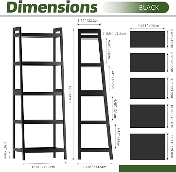 Bookshelf, 5 Tier Ladder Bookcase with Bamboo Frame, Freestanding Tall Narrow Display Plant Shelf for Living Room, Kitchen, Bedroom, Balcony, Black