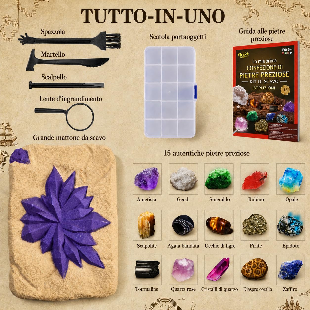 Kit di Scavo per Bambini con 15 Vere Gemme, Pietre e Cristalli da Scoprire, Gioco Educativo di Geologia, Regalo Archeologico per Bambini e Bambine