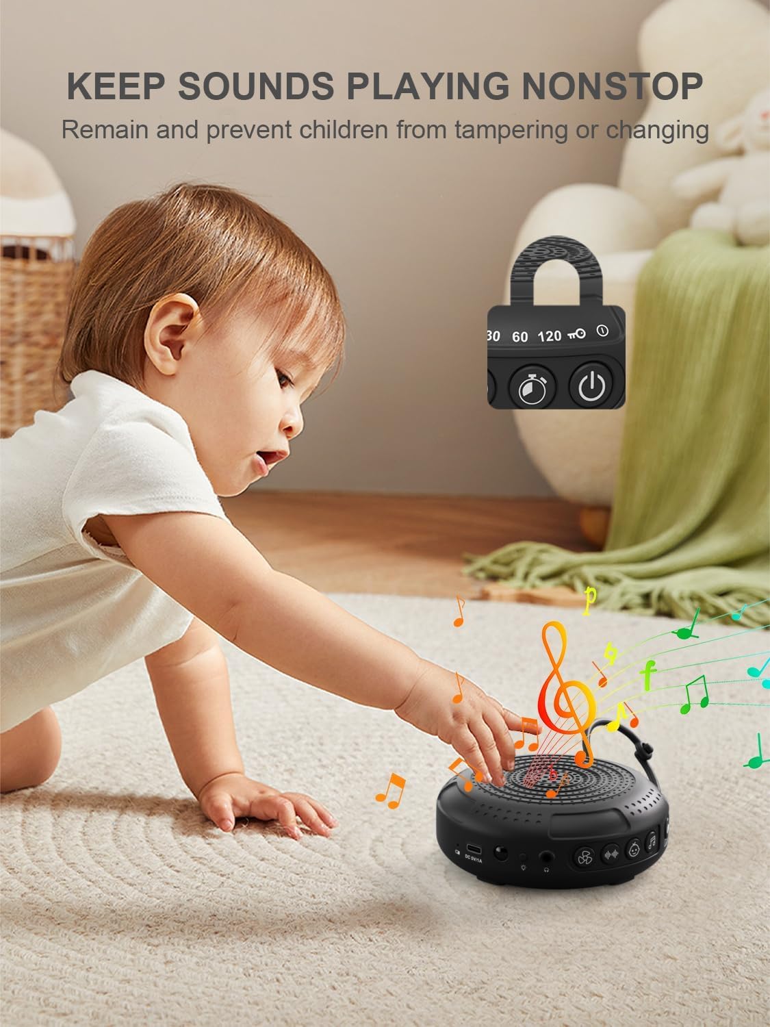PPLEE CR1021 White Noise Machine with a child lock icon, indicating the feature to prevent accidental button presses.