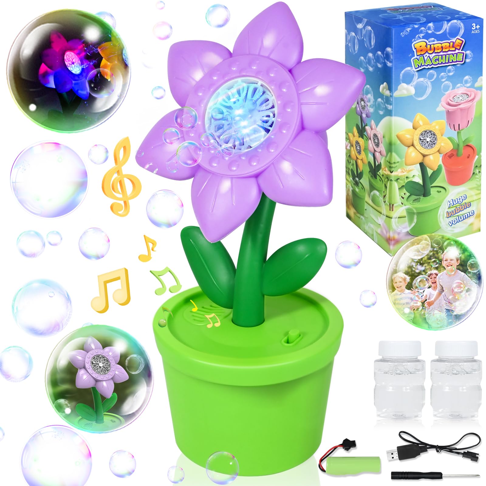 FORMIZON Máquina de Burbujas, Maquina Burbujas Niños Girasol, Automático Máquina de Burbujas con Luces y Música 40ml*2 Líquido de Burbujas, Niños Niñas Fiestas Cumpleaños Regalo (Violeta)
