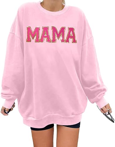 YI XIANG RAN Mama Sweatshirt for Women Oversized Mama Shirts Casual Long Sleeve Mom Pullover Loose Blouse Tops