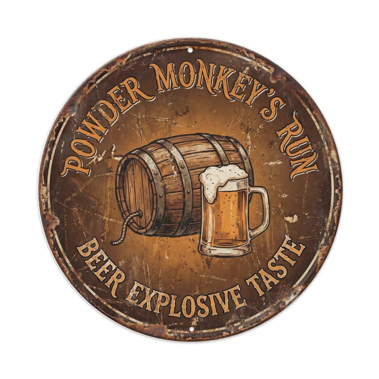 Retro Bar Powder Monkey Patio Beer Metal Tin Sign Plaque Wall Decor for Cafe, Club Bar, Office, Home Garden Round Metal Poster 8x8Inch