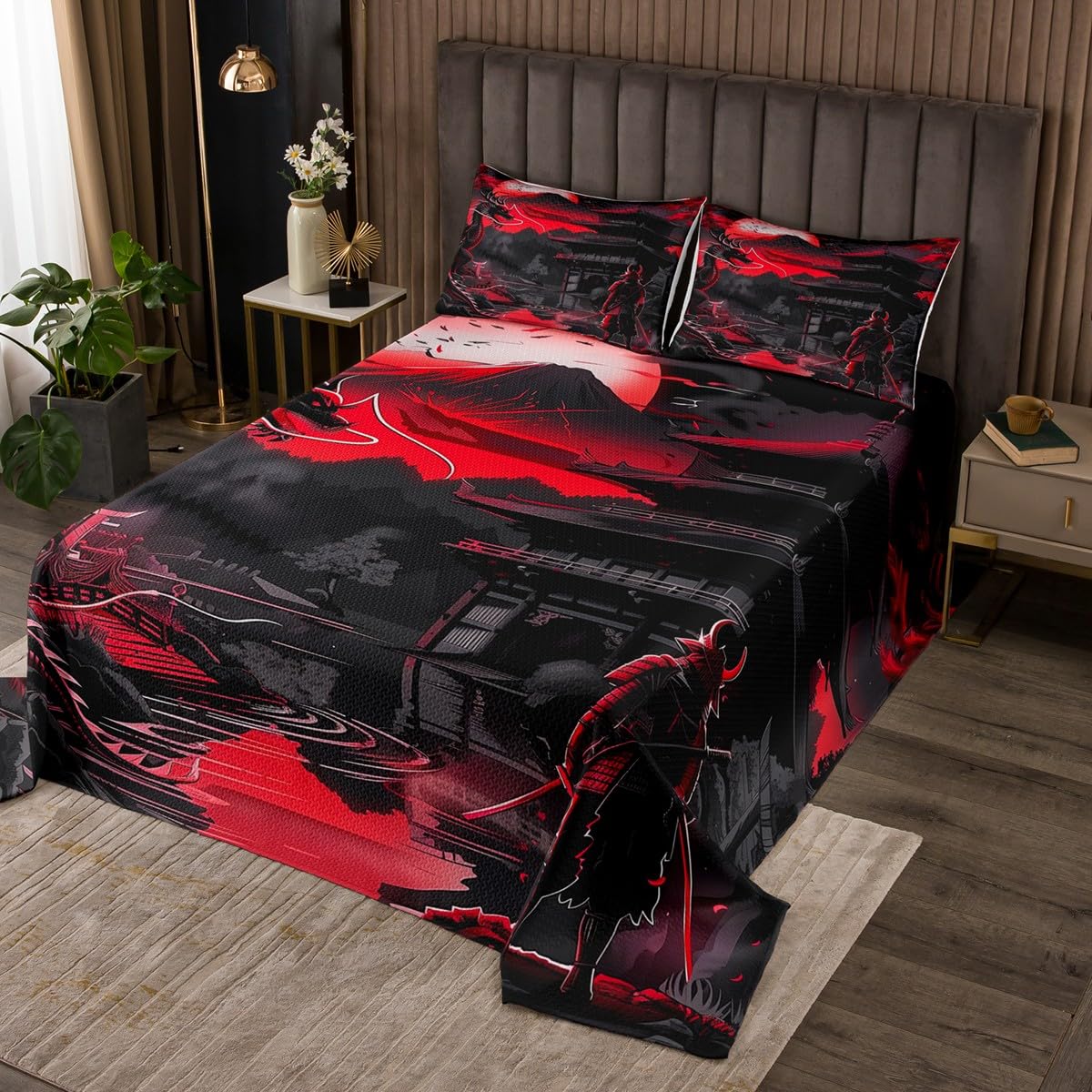 Homemissing Colcha de dragón para niños, tamaño King, color rojo, atardecer, juego de colcha acolchada Samurai, estilo japonés, Ukiyoe acolchado