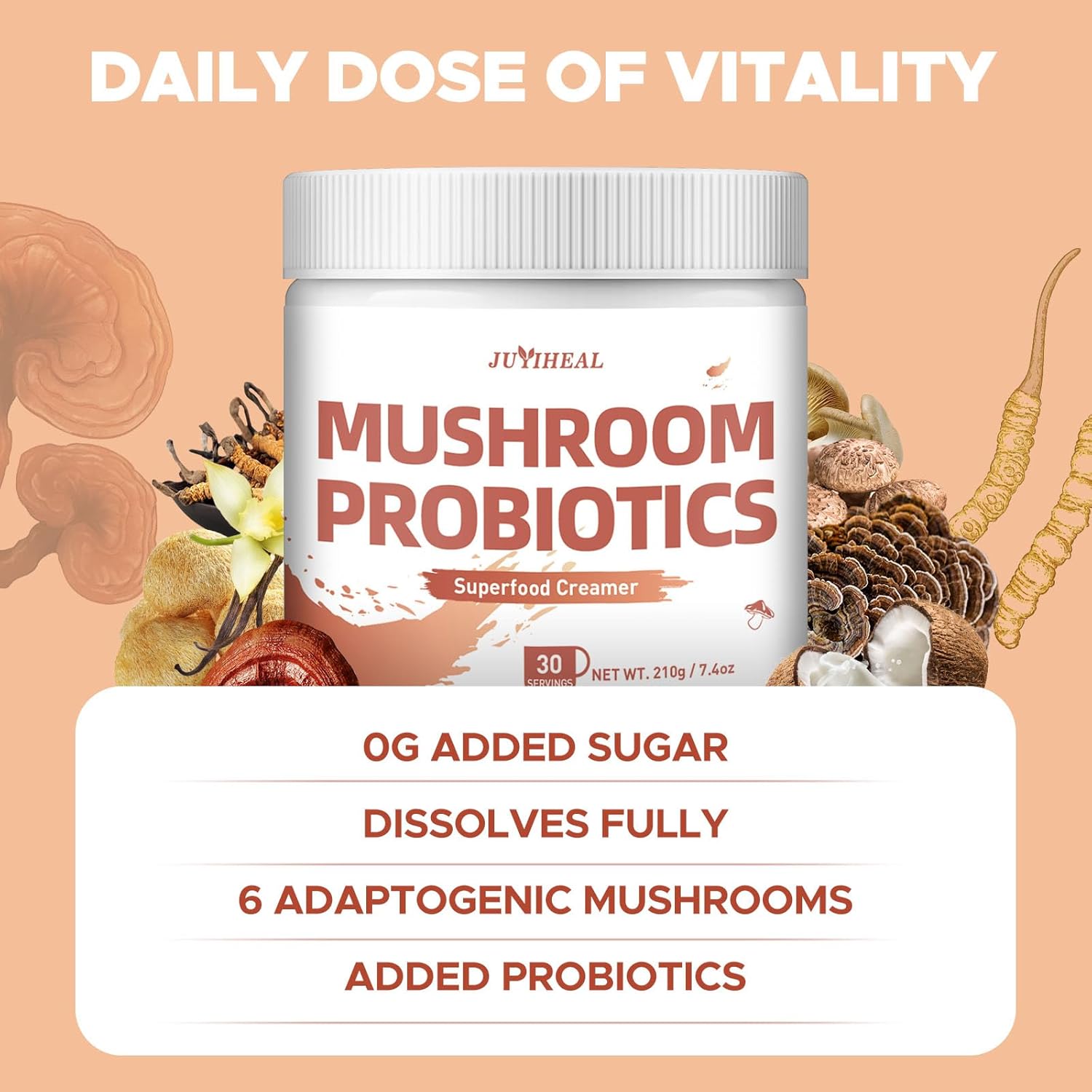 JUYIHEAL Mushroom Coffee Creamer, 210g Mushroom Probiotic Coffee Creamer with Adaptogenic 6 Mushrooms, Cordyceps, Reishi, King Trumpet, Shiitake, Turkey Tail, Lion's Mane for Energy, Focus, Digestion