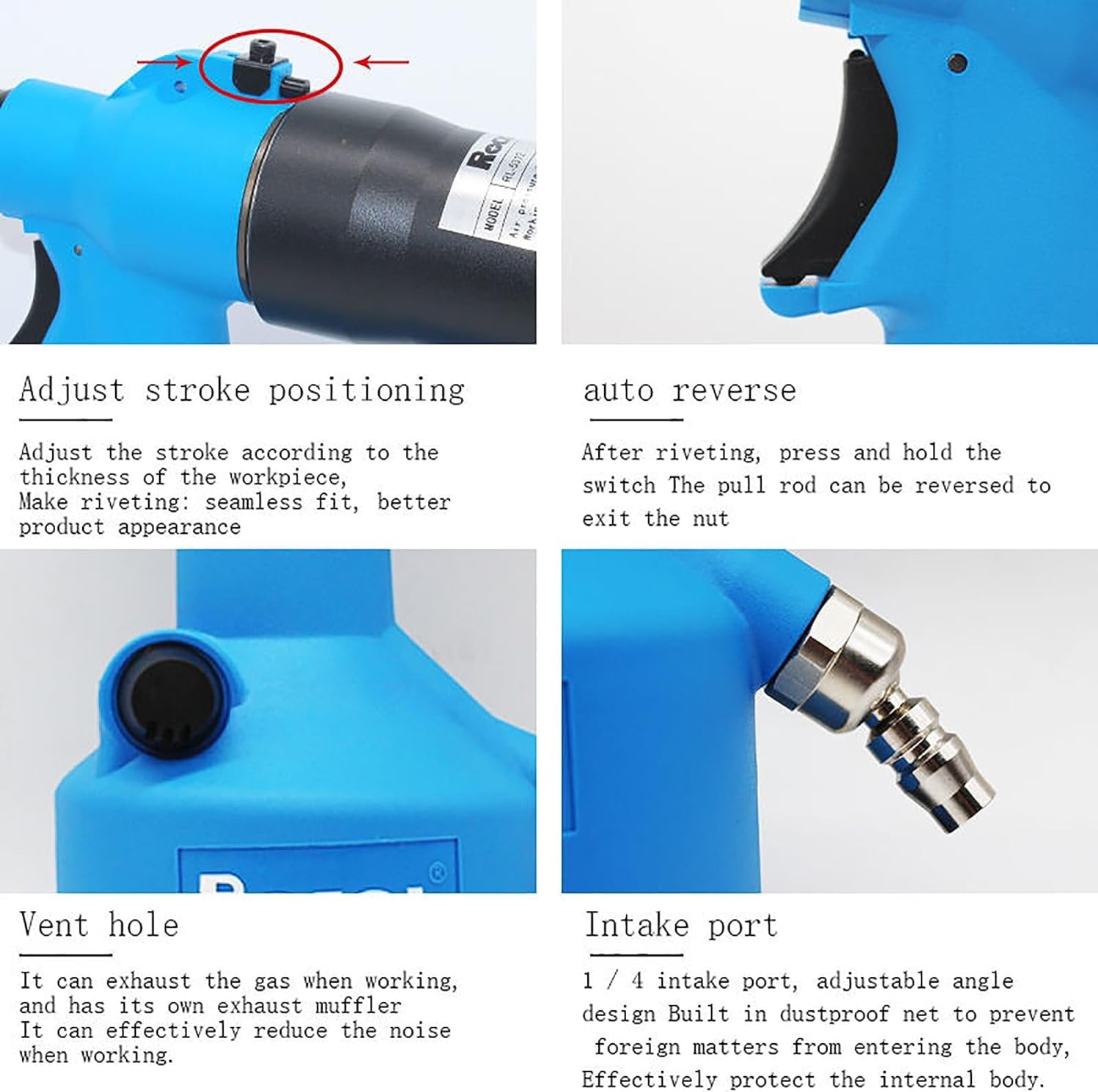 Remachadora neumática hidráulica industrial, kit de ajuste de herramienta de pistola de tuerca de remache de aire automático Remachado de tuerca de remache, con mandriles métricos y SAE Métrico M3 M4