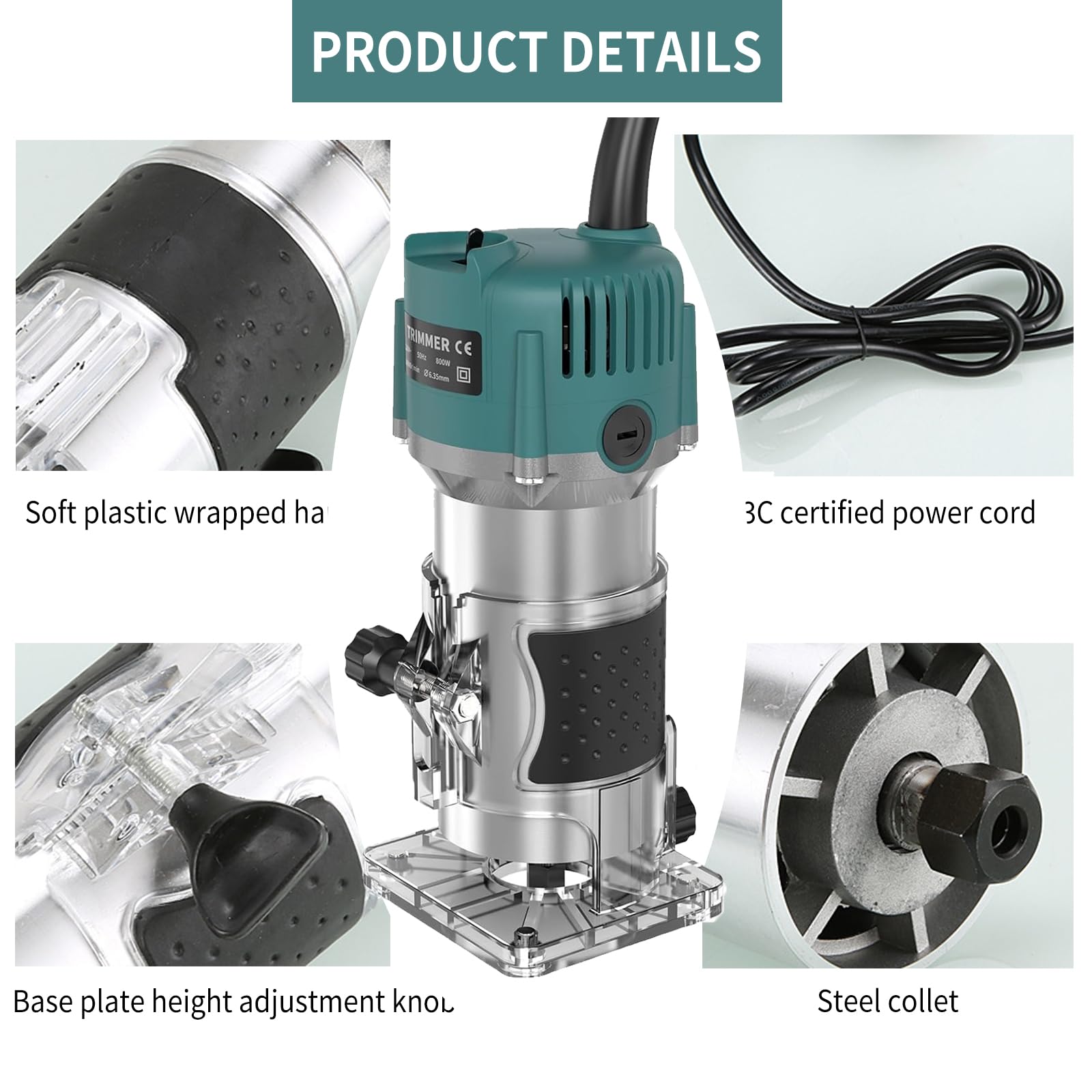 Router Elettrico Diametro 6,35 mm,Fresa Elettrica per Laminati 800 W Fresatrice per Bordi Professionale 30.000 Giri/Min,con set di Frese per Scanalature Nel Legno da 15 Pezzi