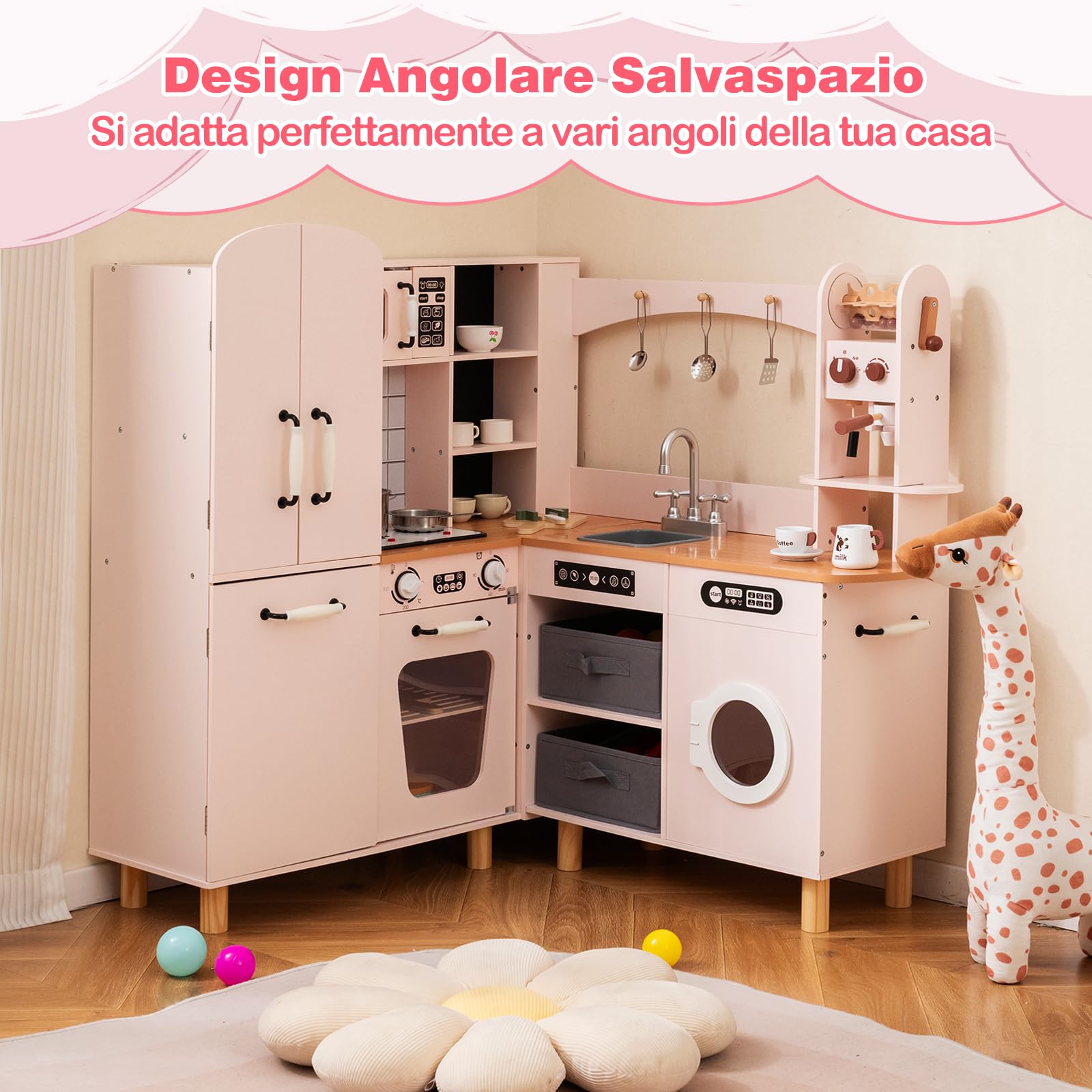 RELAX4LIFE Cucina Giocattolo per Bambini, Cucina ad Angolo in Legno, Effetti Suoni e Luci, Fornelli, Frigorifero, Macchina da Caffè, Lavatrice e Utensili, per Bambini 3+ Anni (Rosa)