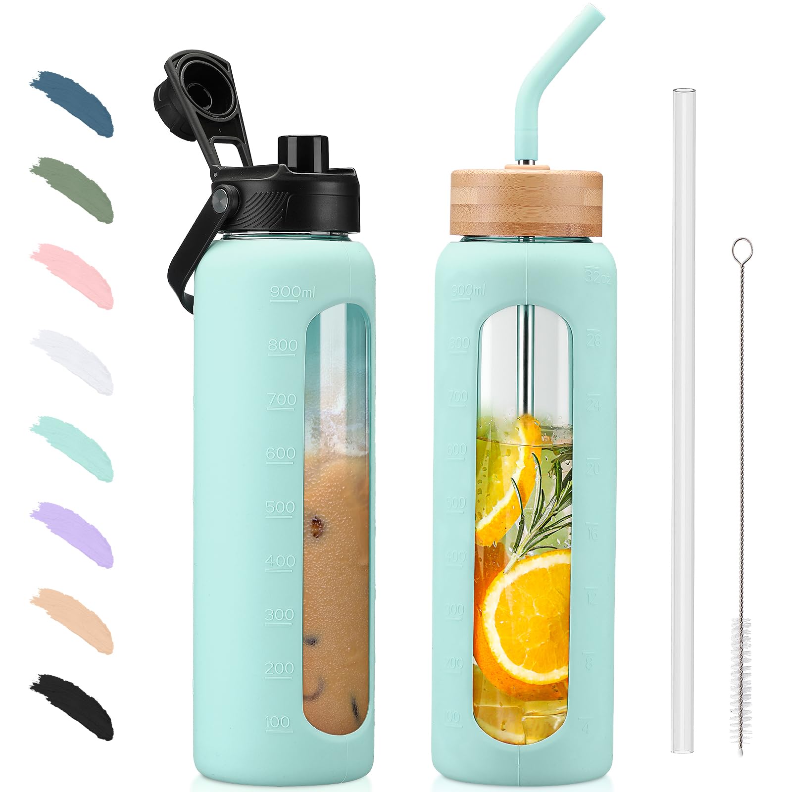 BLUEGO 900ml Glaswasserflasche mit Strohhalm und 2 Deckeln Kaffeetasse aus Glas mit Zeitmarkierung und Silikonschutz Glasbecher für Getränke Soda Cola BPA-frei, Hellblau