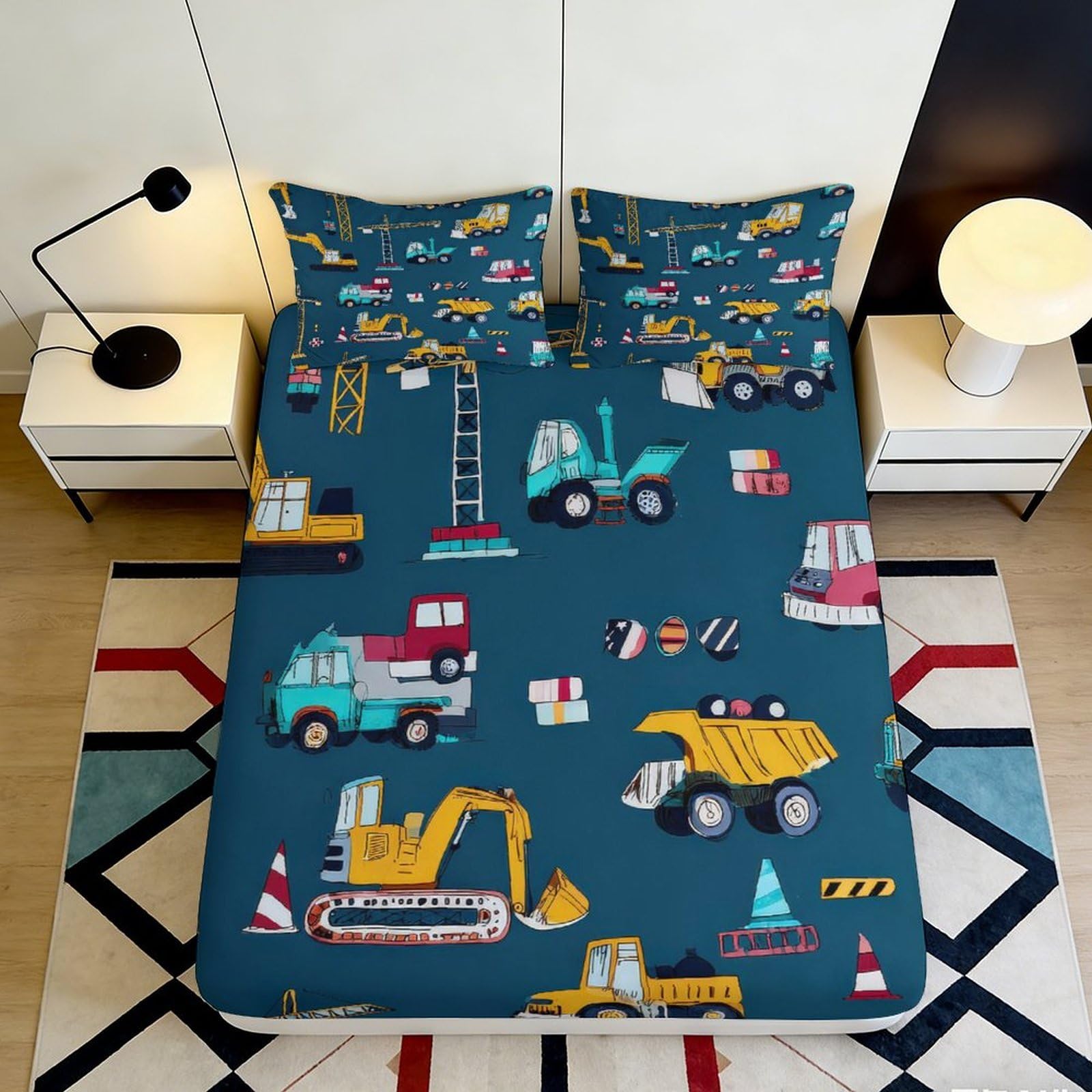 3D Printed Construction Vehicles Fitted Sheet Microfiber Soft Durable Cartoon Truck Bed Sheet for Bedroom Dormitory Guest Room Mattress Cover 140x200x25cm