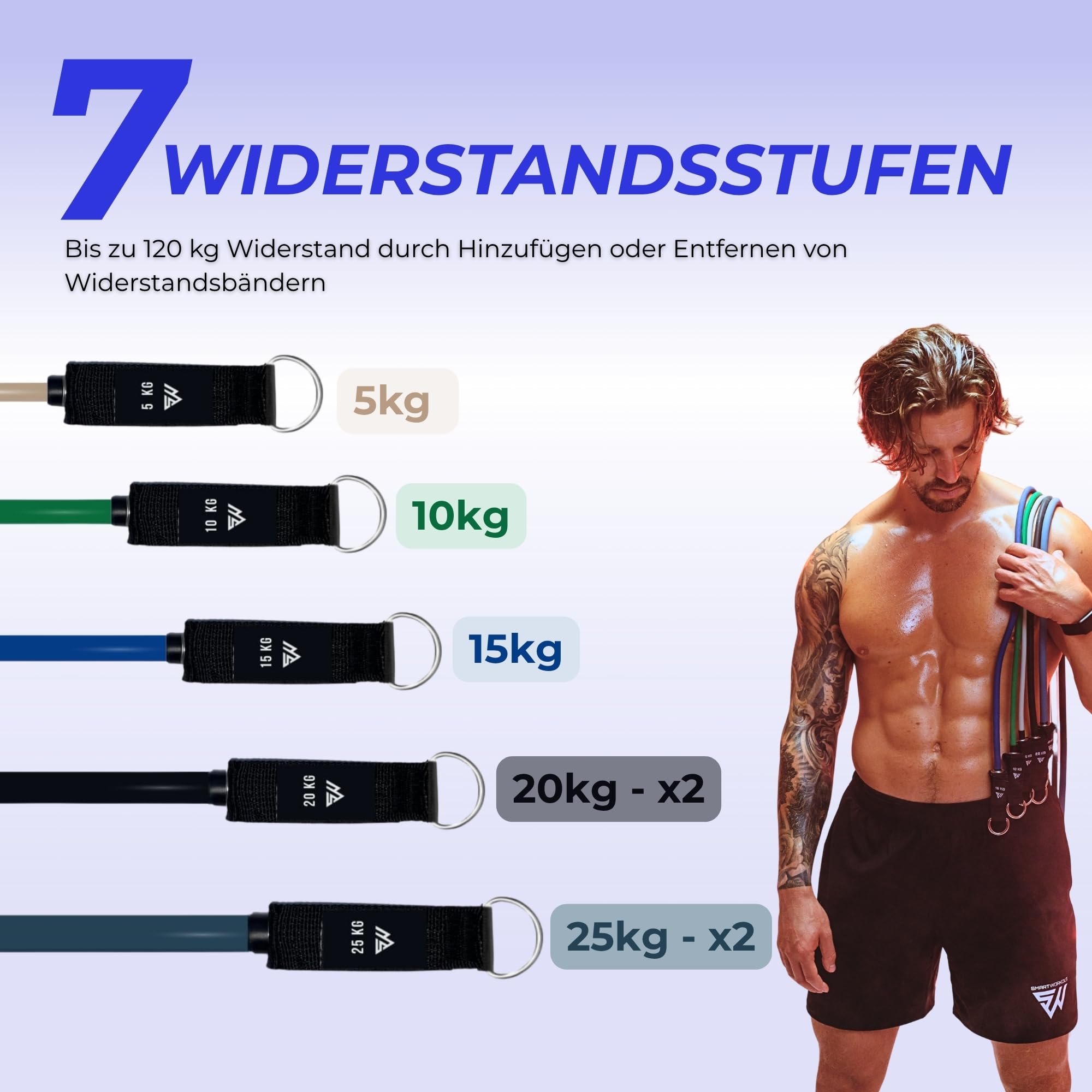 SmartWorkout Profi-Set Widerstandsbänder Krafttraining 19 Stück 120 kg Türanker