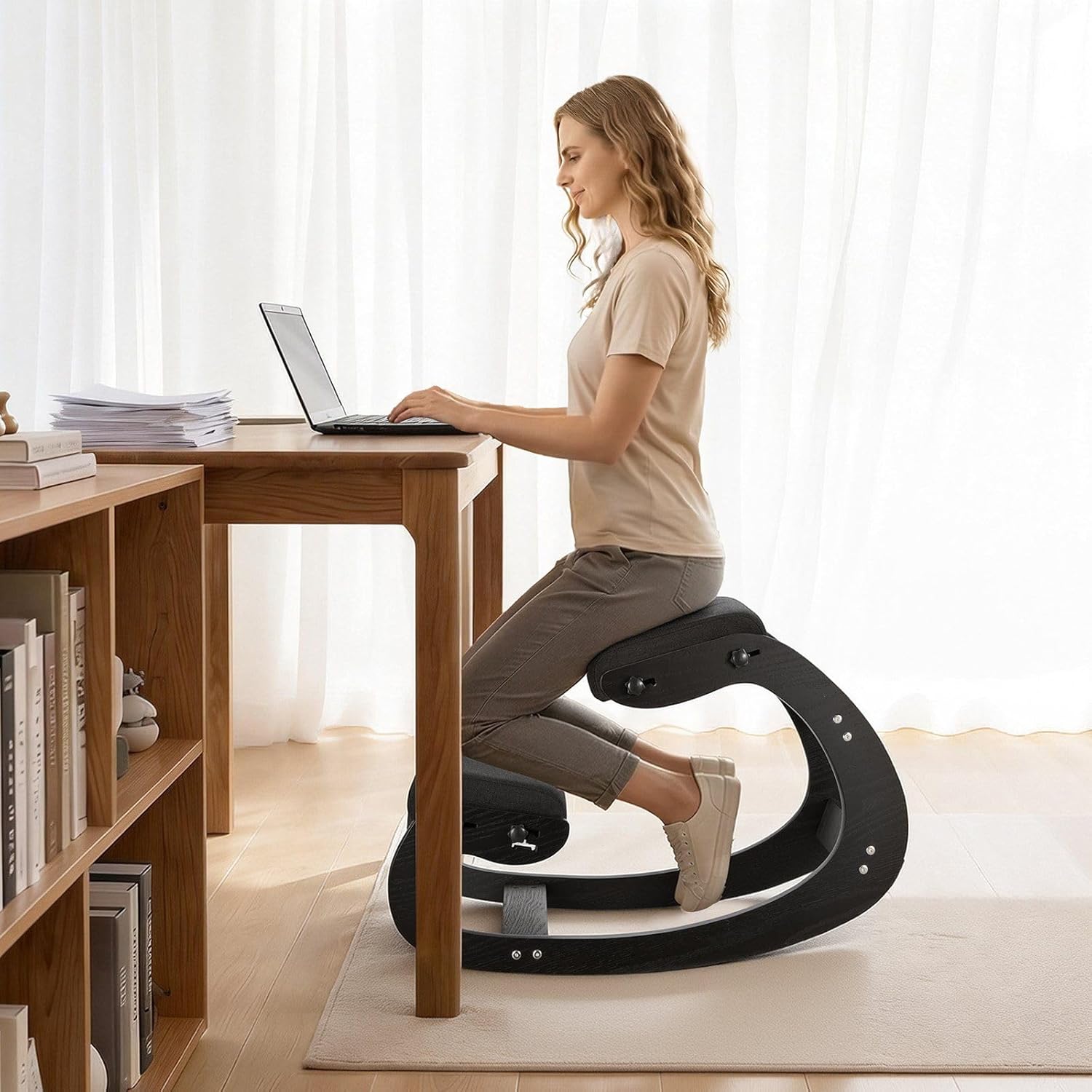 Adjustable Ergonomic Kneeling Chair: Solid Wood Frame, Thick Seat/Knee Cushions, Rocker Base, 265lb Capacity, Black for Active Sitting