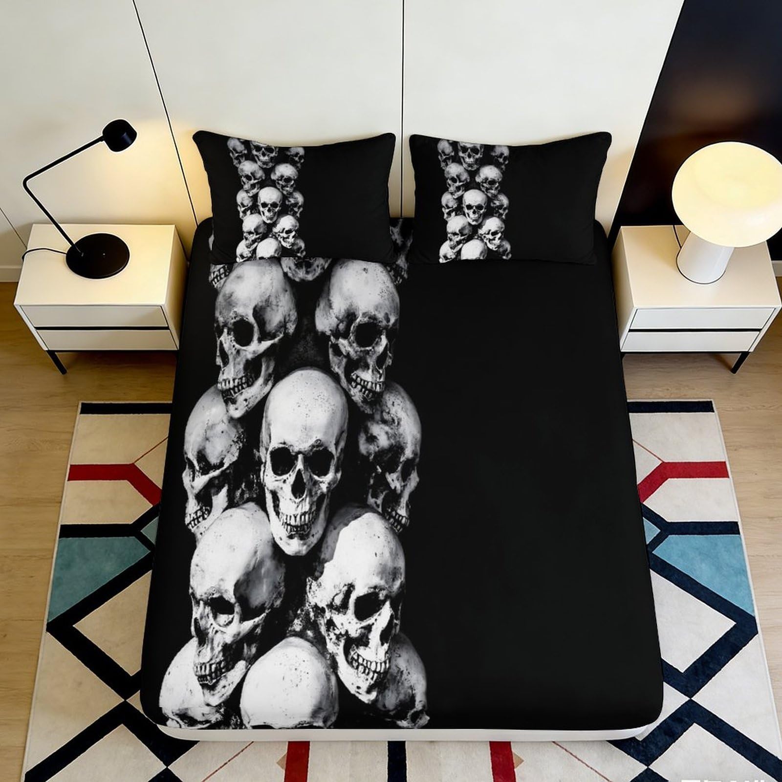 3D Printed Skull Art Fitted Sheet Microfiber Black Gothic Skeleton Mattress Cover for Bedroom Guest Room Decor 90x200x25cm