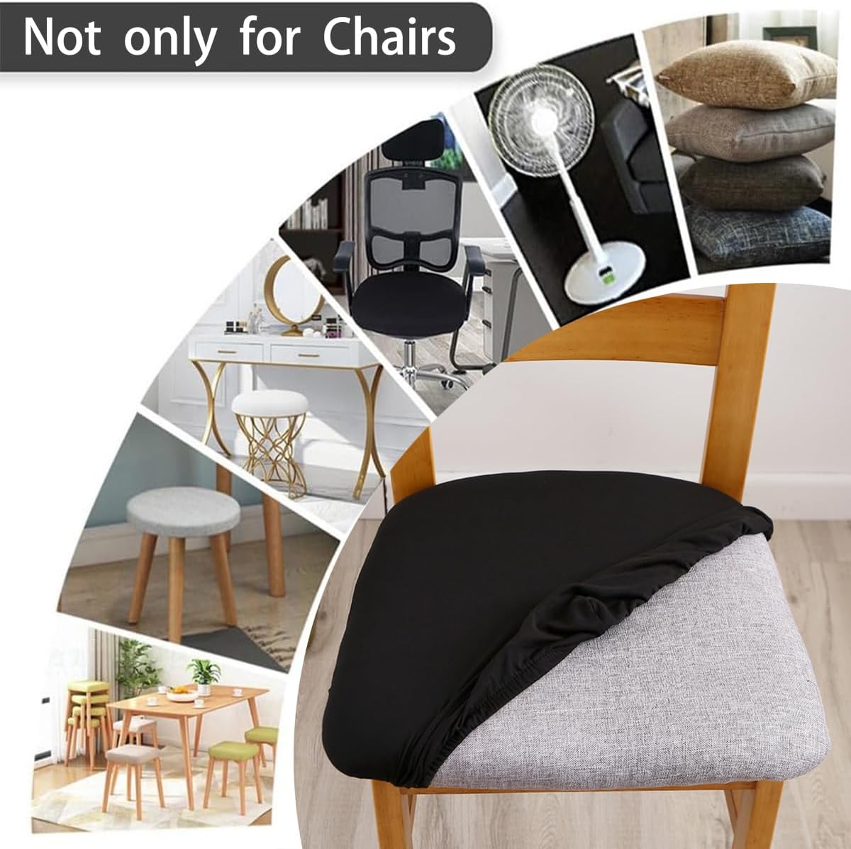 Chair Seat Covers Set of 6 Stretch Black Chair Covers for Dining Room Square Removable Washable Chair Protector Seat Cushion Slipcovers for Kitchen Office