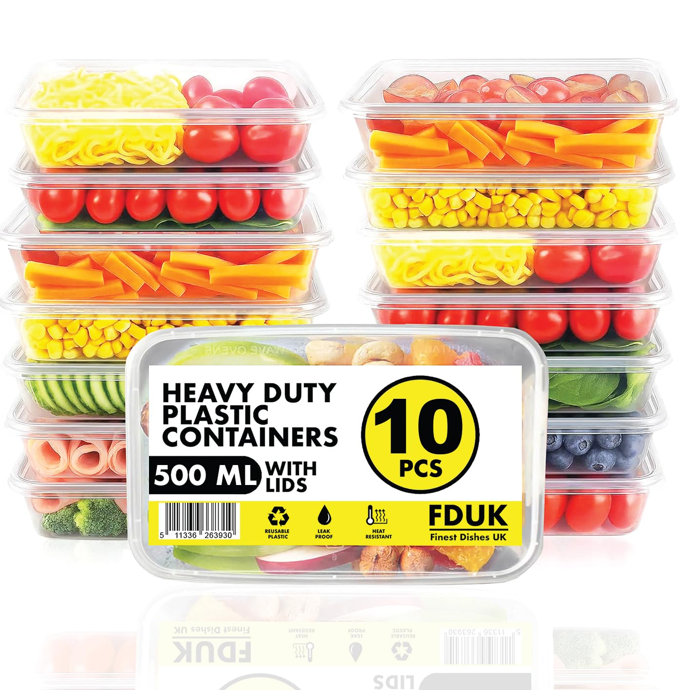 FDUK Food Containers 500ml 10 Pack – Plastic Food Containers for Meal Prep – Microwave, Freezer & Dishwasher Safe – Reusable, Recyclable, BPA Free, Leak Proof, Stackable Rectangular Boxes