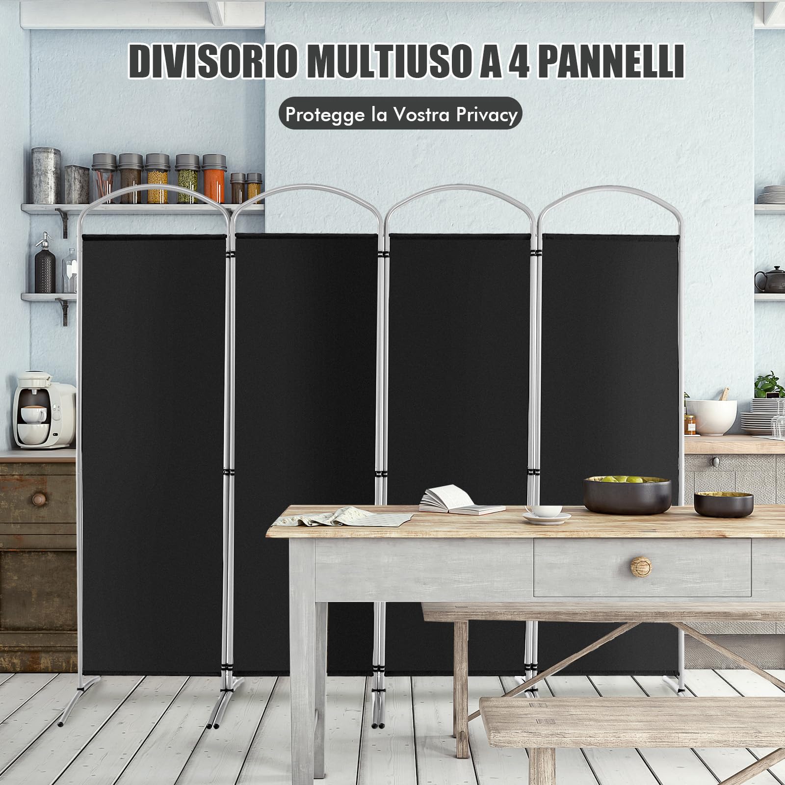 COSTWAY Paravento Pieghevole a 4/6 Pannelli, Separé Divisorio Interno ed Esterno, Pannelli Divisori per Camera da Letto, Ufficio e Soggiorno (221 x 188 cm 4 Pannelli, Nero)