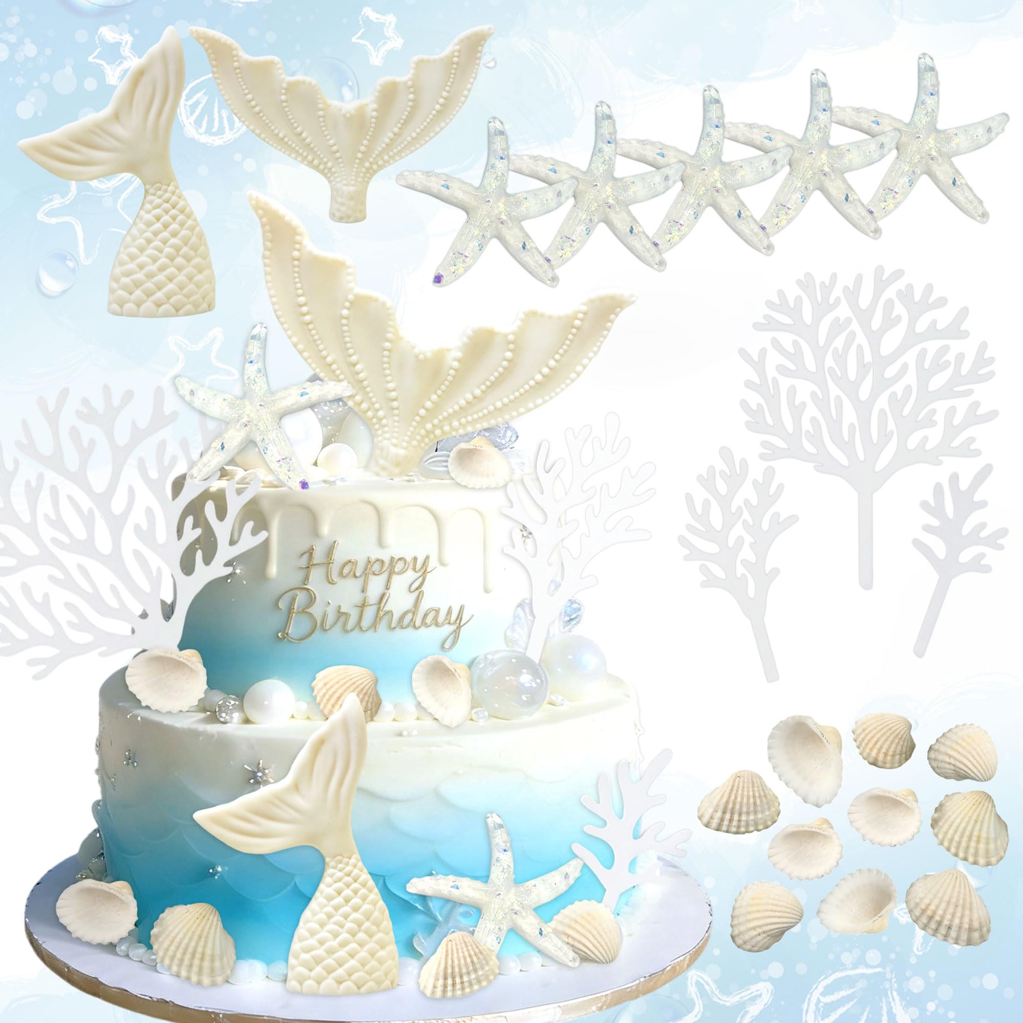 Mermaid Tail Cake Decorations Starfish Shells Coral Decor Under the Sea Ocean Birthday Cake Decorations for Ocean Sea Theme Birthday Party Bridal Shower