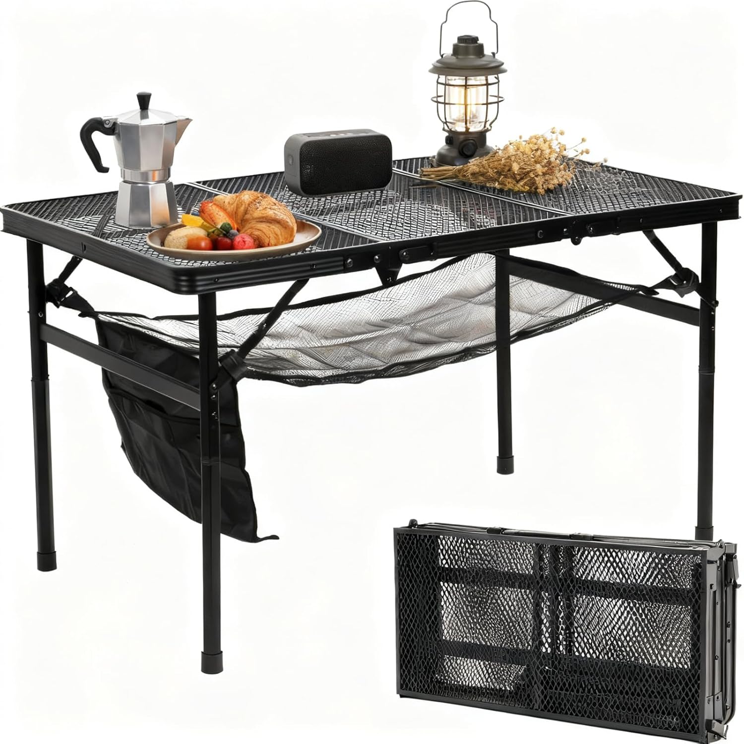 Folding Grill Table, Camping Table with Mesh Desktop and Mesh Bag, 2 Height Adjustable Portable Metal Picnic Table for Outdoor BBQ Cooking, 47.2" L x 23.6" W