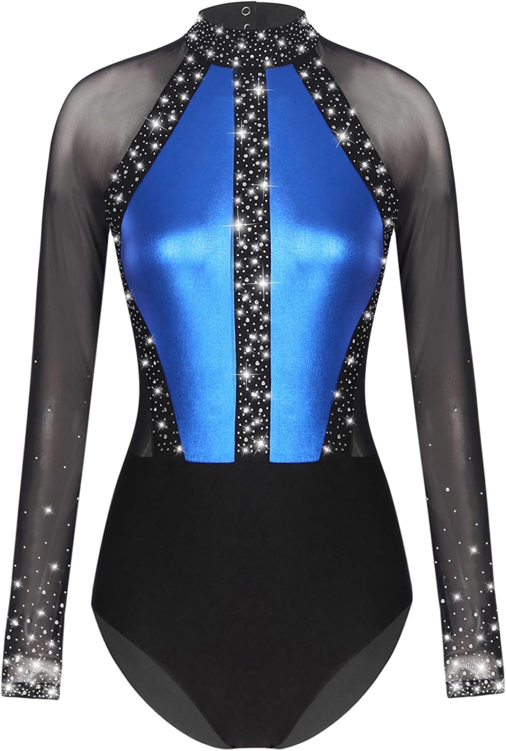 Vxuxlje Women's Shiny Rhinestones Gymnastics Outfits Long Sleeve Leotard with Shorts Dancewear