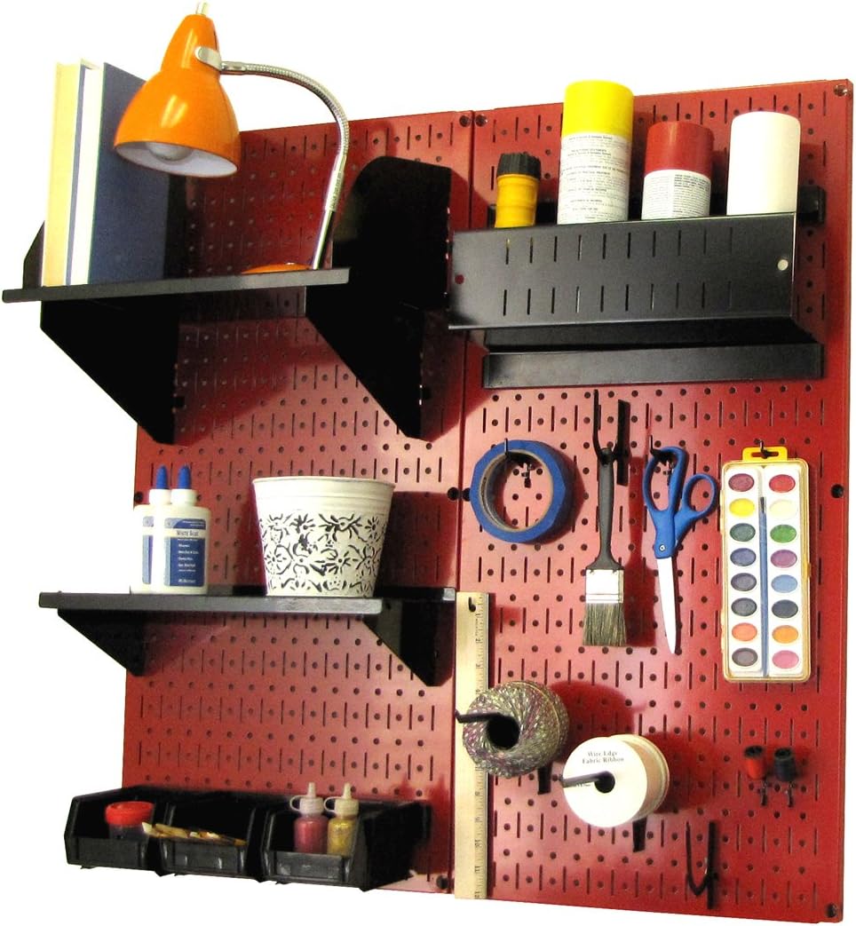 Wall Control Craft & Hobby Pegboard Organizer Storage Kit with Black Pegboard and Red Accessories