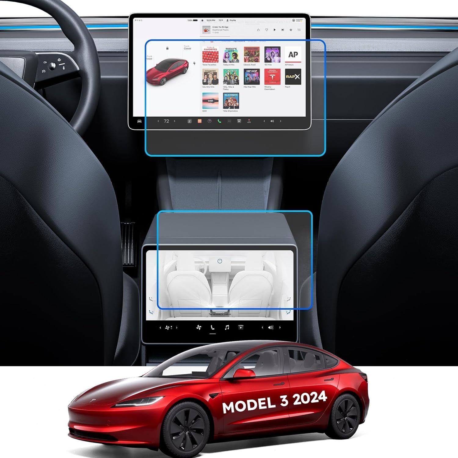 2024 Model 3 Highland Accessories Matte Screen Protector, 9H Tempered Glass Protector Only for Tesla Model 3 2024, 15.4"Touchscreen, 8"rearscreen, Anti-Scratch & Anti-Fingerprint