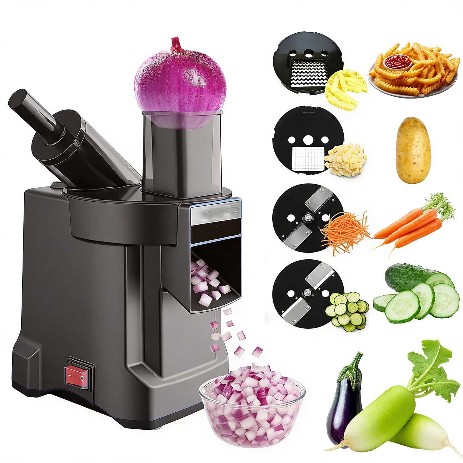 Cortador de verduras eléctrico 4 en 1 mejorado con cortador de patatas ondulado, rebanadora, rallador y cortador en dados, picadora eléctrica de alimentos con doble entrada para hogar y restaurantes