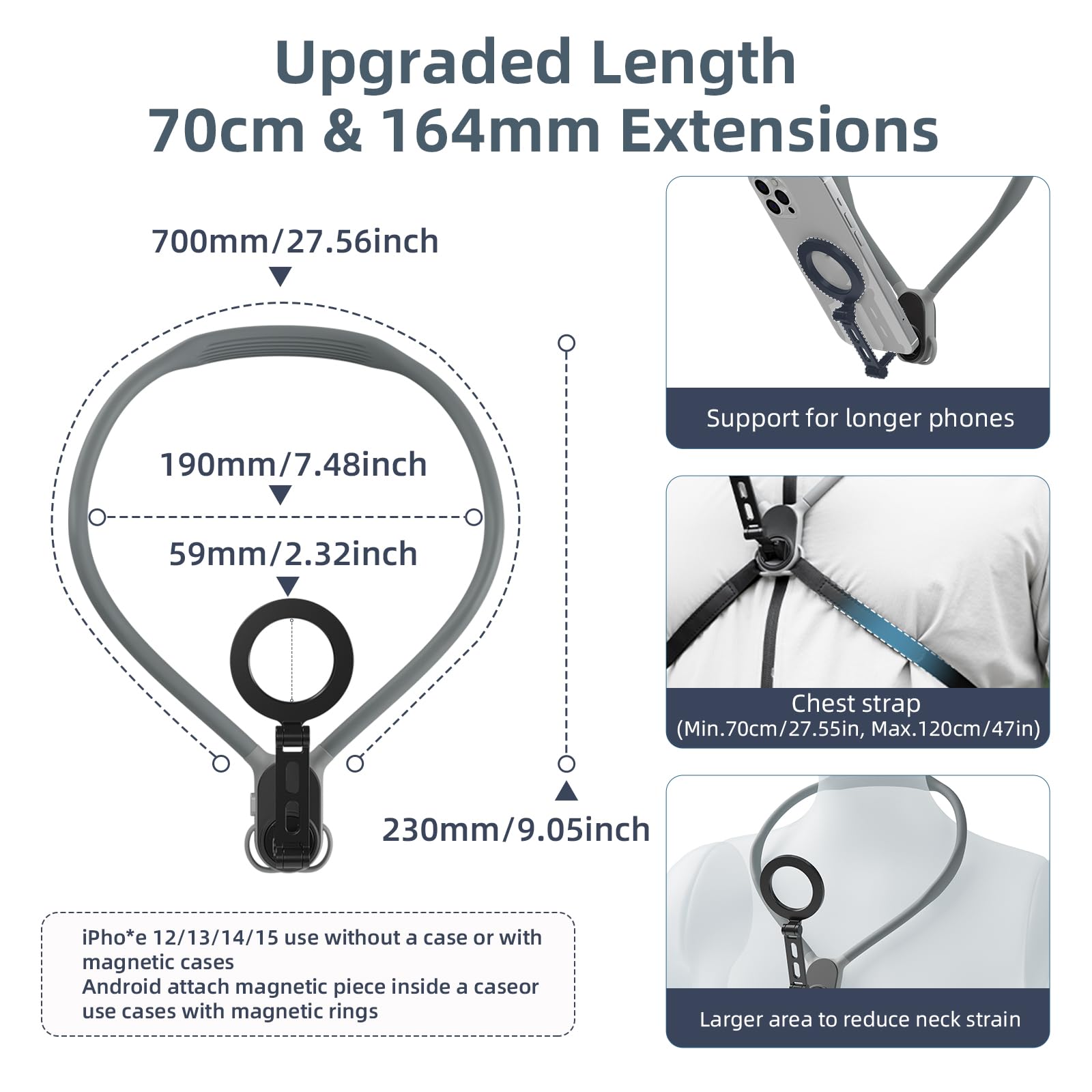 AFAITH Max Support magnétique Selfie pour téléphone de cou, support de téléphone rotatif à 360° pour POV VLOG, support Magsafe avec sangle fixe pour iPhone 15 14 13 12 Android