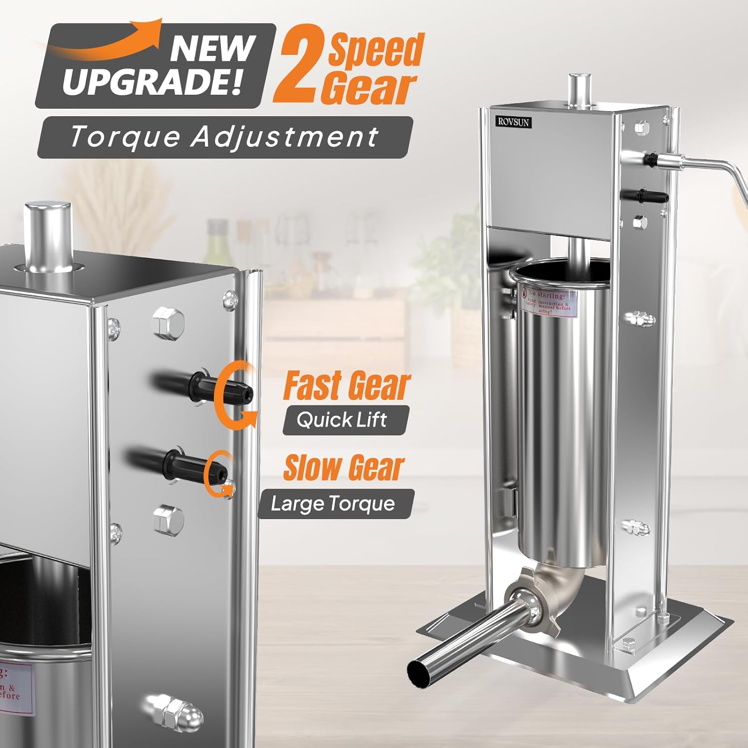 ROVSUN 11LBS/5L Manual Sausage Stuffer, Two Speed Stainless Steel Vertical Sausage Maker, Meat Filling Machine with 5 Stuffing Tubes for Commercial and Home