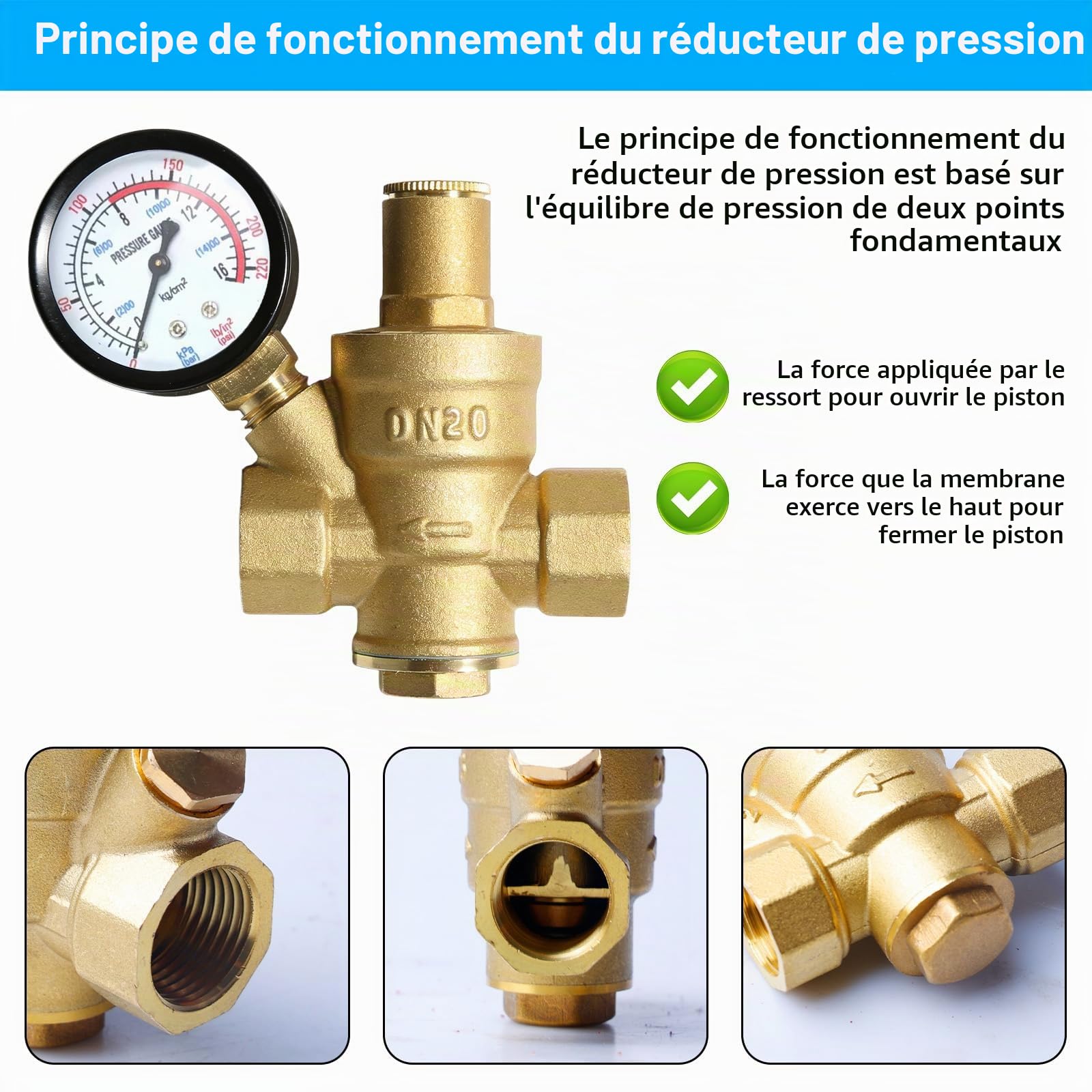 Réducteur de pression d'eau 3/4 pouces DN20 avec manomètre, réducteur de pression d'eau en laiton, régulateur de pression d'eau réglable réducteur de pression 1,6 MPa régulateur