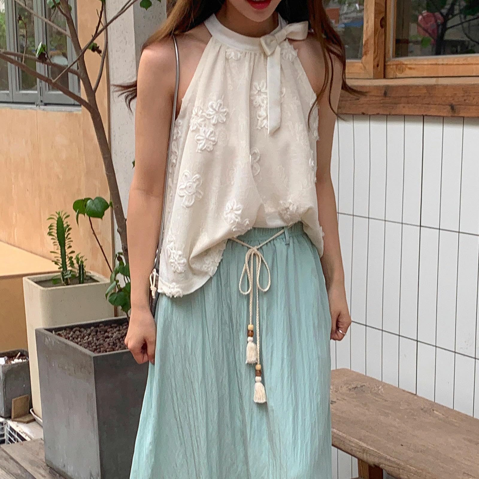 Top sin Mangas con Cuello Halter de Jacquard para Mujer en Verano, y Top Elegante - Albaricoque - Talla única