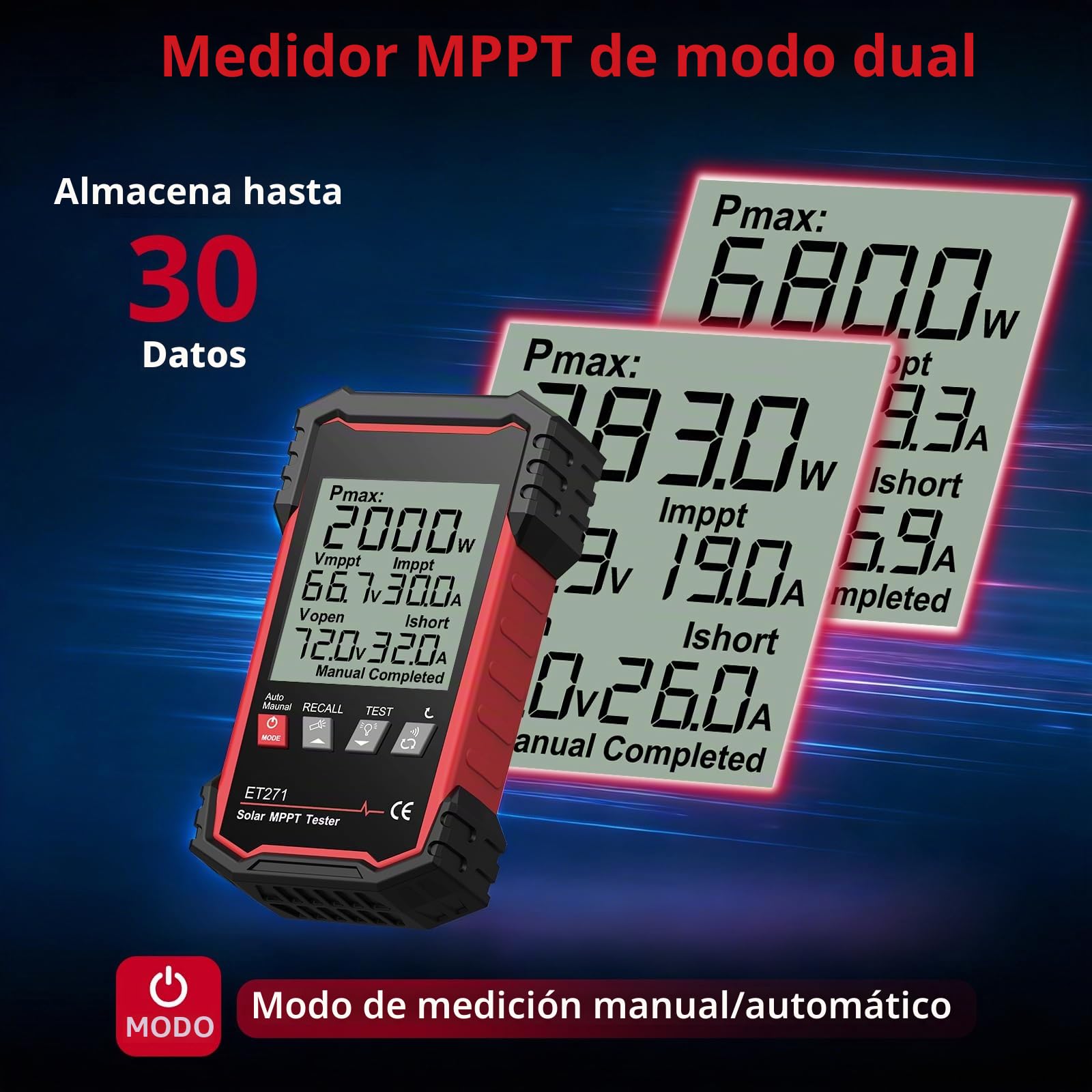 XUNTOP Probador de Paneles Solares 2000W Multímetro Fotovoltaico con Pantalla LCD Grande Probador MPPT 90V/40A Recargable con Retención Automática de Datos para Pmax Vmp Amp Voc Isc