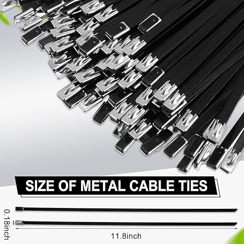 Miniatura 2 de 500 bridas de metal negro de 11.8 pulgadas de acero inoxidable 304 recubierto de epoxi bridas de cables resistentes, multiusos, autobloqueo,