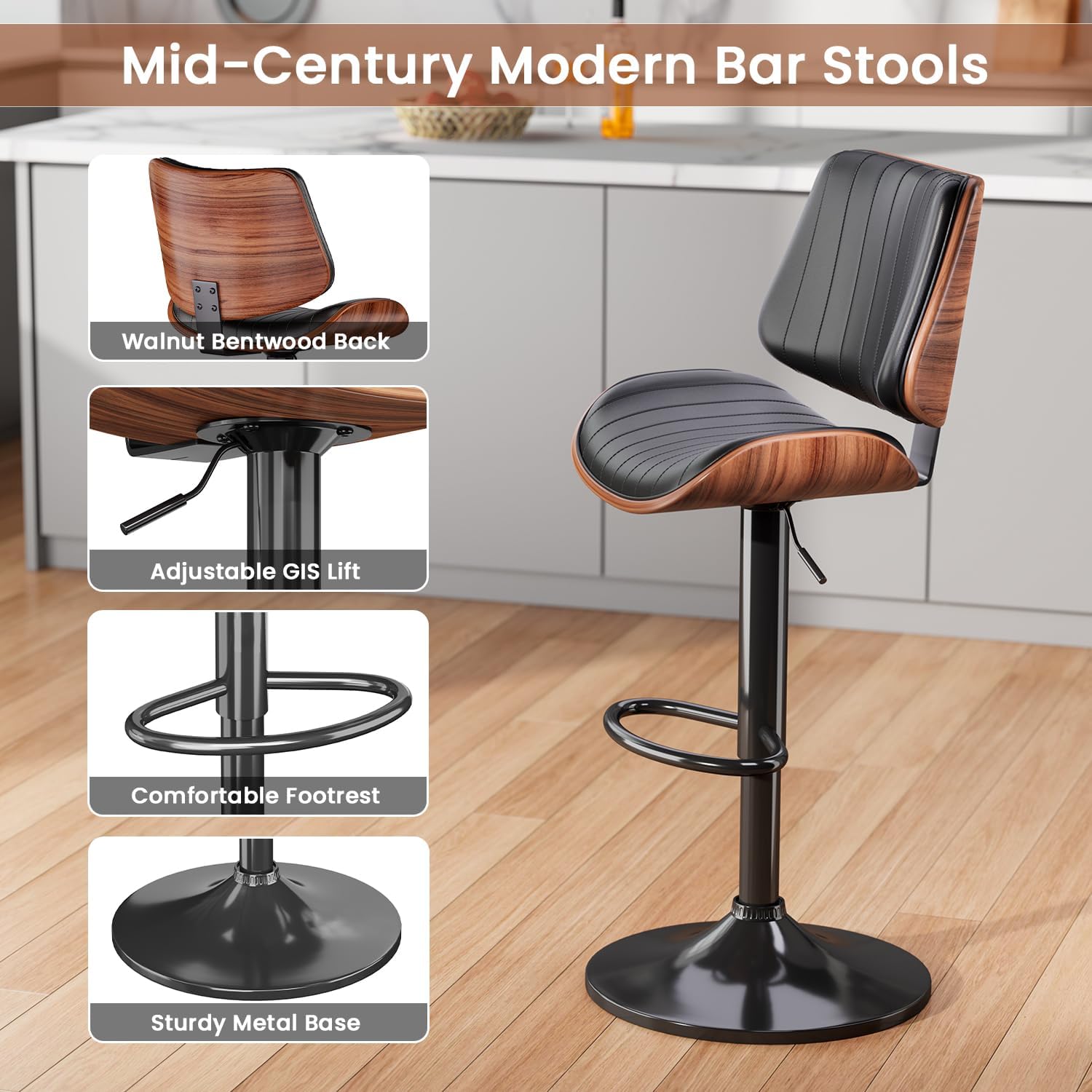 Swivel Bar Stools Set of 4, Adjustable Bentwood Barstools for Kitchen Counter, Modern PU Leather Upholstered Bar Chair with Back and Footrest, for Kitchen Island, Bar, Dining Room, Black