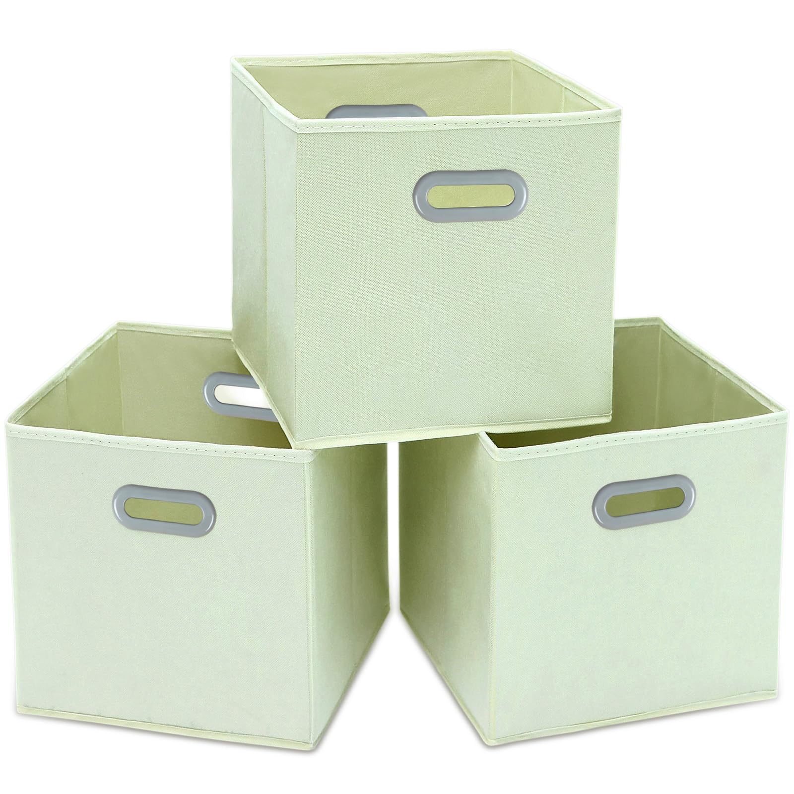 STOREONE Fabric Storage Bins Cubes Baskets Containers-(11X11X11) with Dual Handles Cube Storage Organizer Bins for Shelf Closet, Bedroom Organizers, Foldable Set of 3 (Creamy- White )