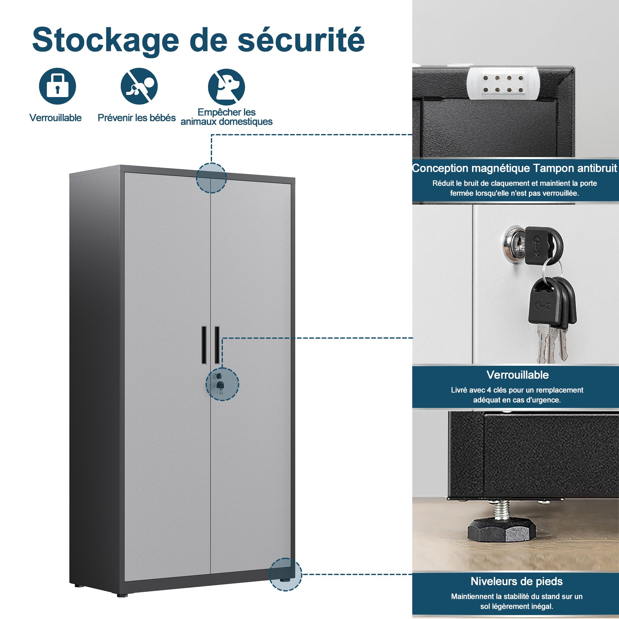 Armoire de Rangement en Métal, de Garage verrouillable avec 5 Étagères, Armoire de Bureau avec étagères Réglables, pour Le Bureau, Le Garage et la Buanderie, Noir Argent
