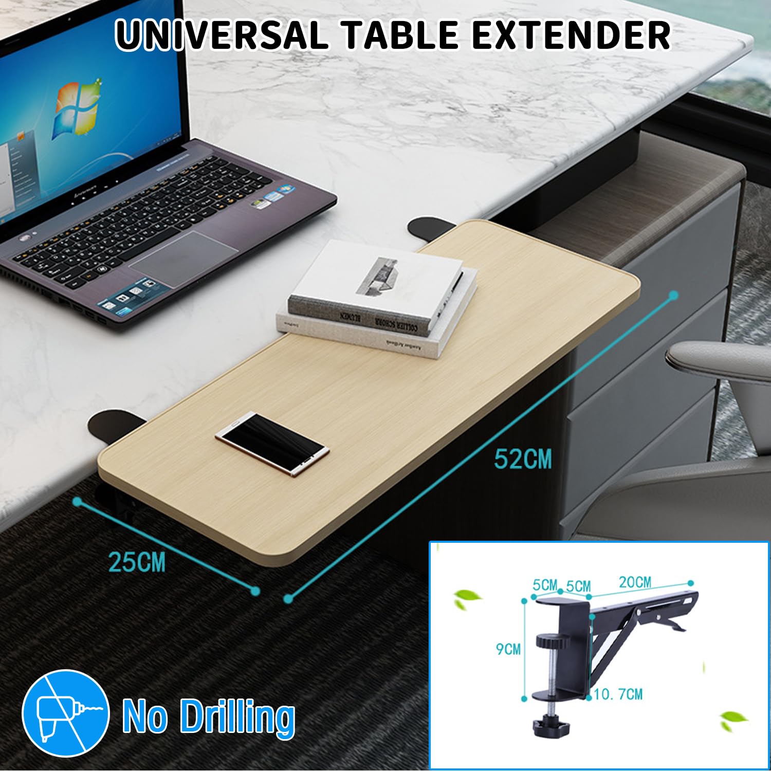 Estensione ergonomica per scrivania – 52 x 25 cm, pieghevole a 90°, non necessita di foratura, prolunga da tavolo, estensione per tastiera, supporto per desk Extender (Oak, 52 x 25 cm)