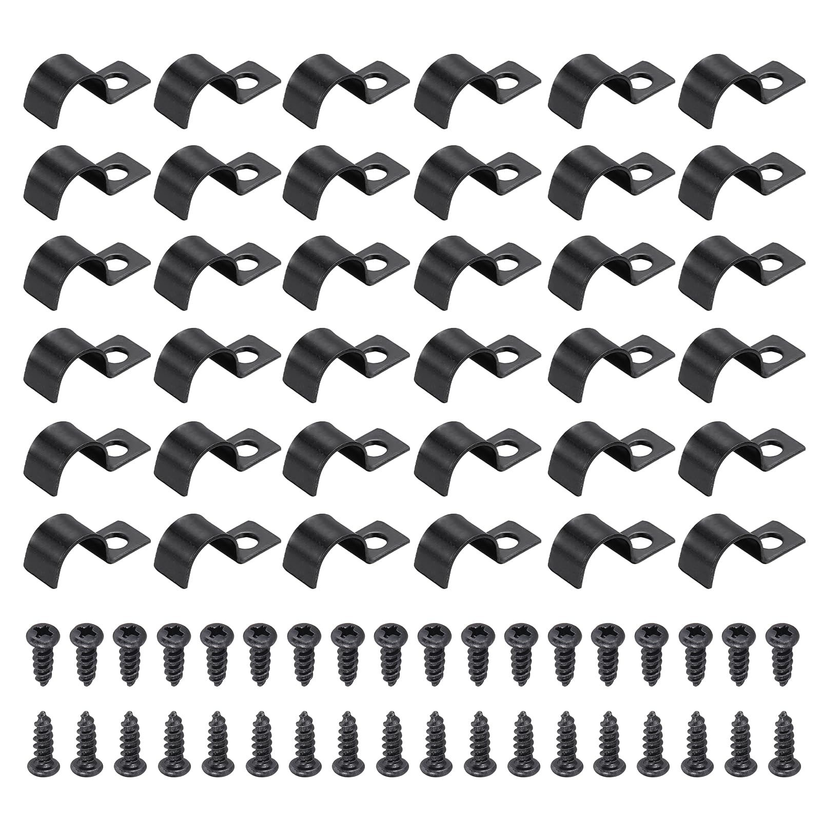 sourcing map 40Pcs 12mm(1/2") One Hole Pipe Strap, Rigid U Brackets Conduit Clamp Heavy Duty Carbon Steel Pipe Strap Clip with Self-Tapping Screws for Fixing Tube Cable Wire Cord, Black