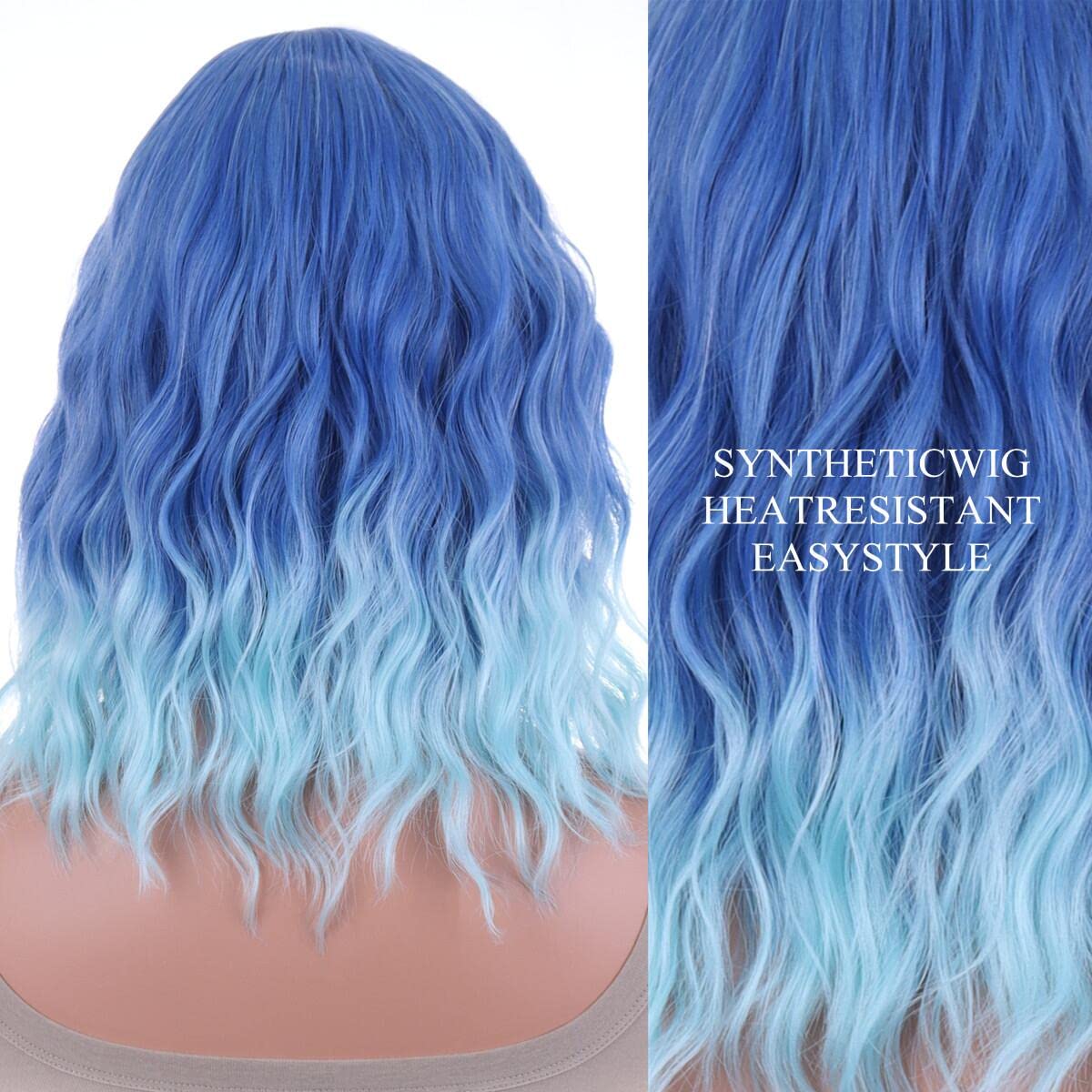 ANESHE 14 Inches Blue Ombre Wigs with Bangs for Women Short Curly Wavy Blue Wig Shoulder Length Bob Synthetic Cosplay Wig for Girl Colorful Costume Wigs - Image 5