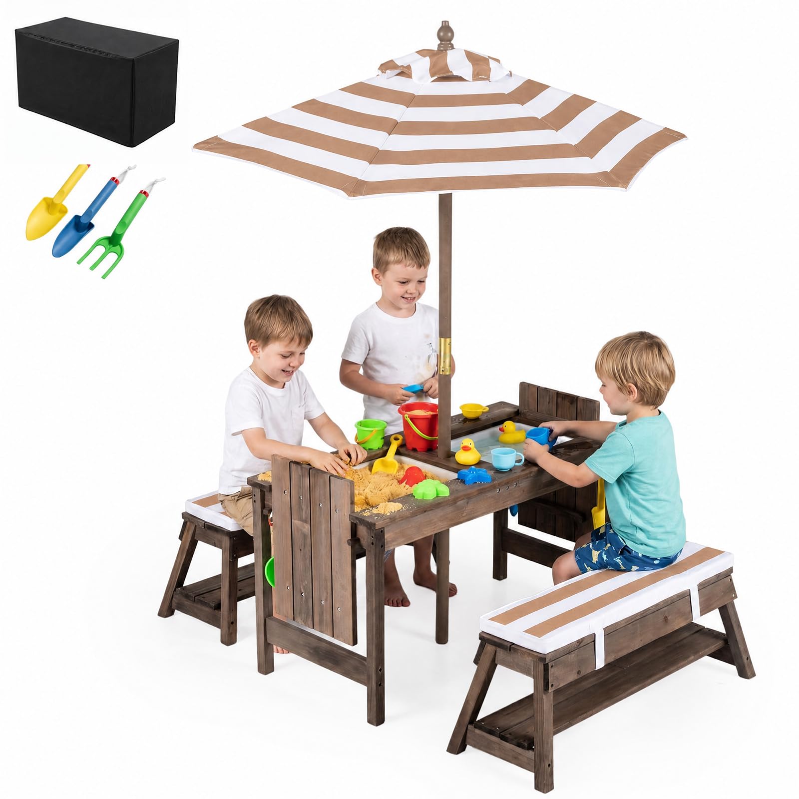 LIFEZEAL 3 in 1 Tavolo da Picnic per Attività con Acqua e Sabbia (Cachi) | Set con Tavolo e Panche per Bambini con Ombrellone Rimovibile e Regolabile, Piano Rimovibile, 2 Scatole da Gioco, per 3+ Anni