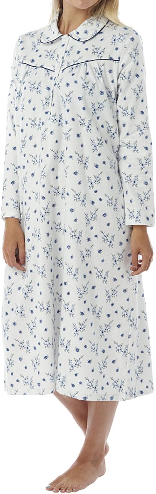 Ladies Womens Nightie Wincey Nightdress White Long Sleeve Sleepwear Pattern